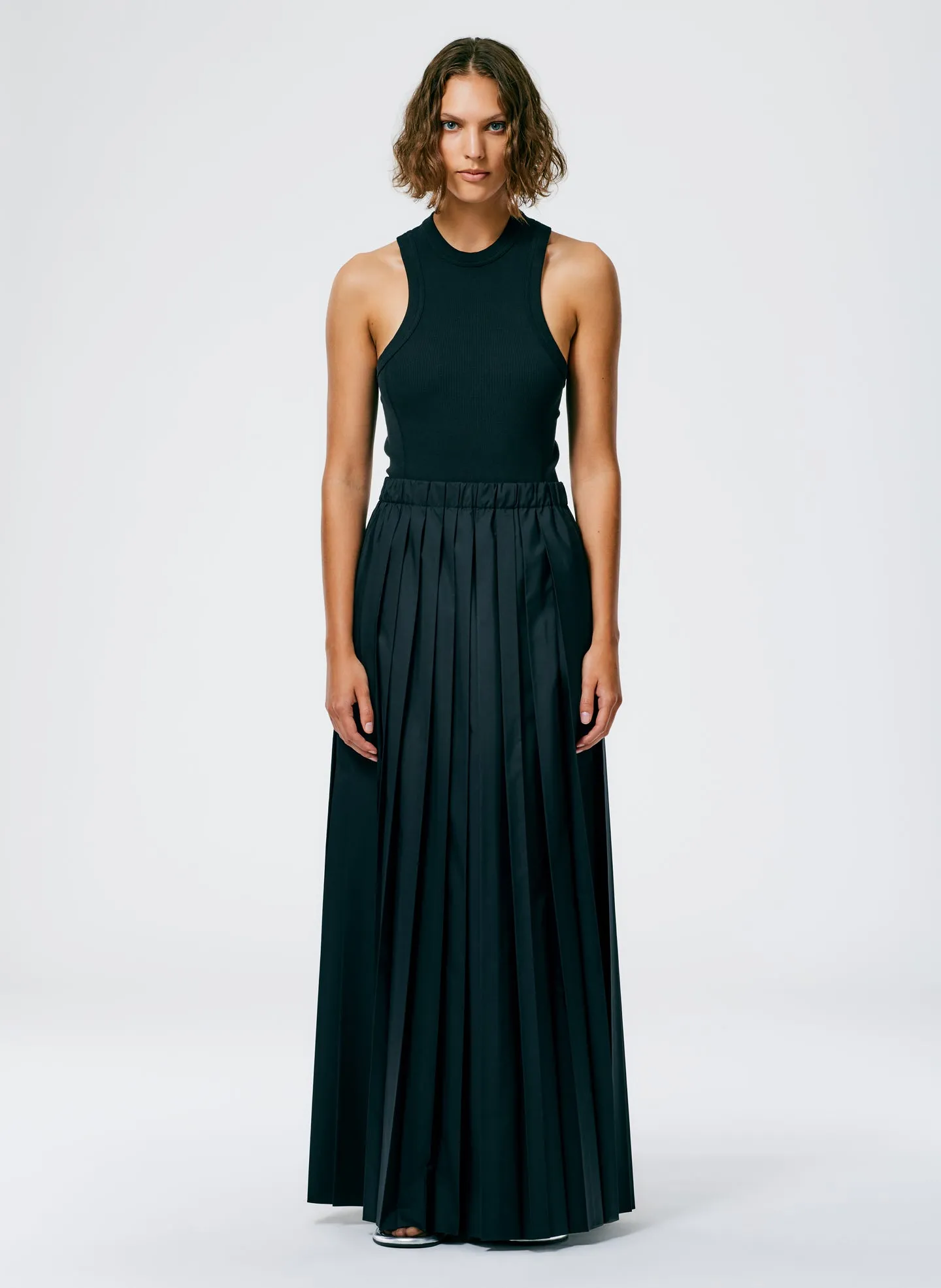 Italian Sporty Nylon Pleated Pull On Maxi Skirt