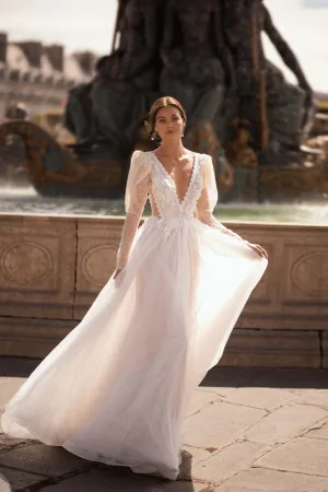 Ivory Romantic Lace Low Back Wedding Dress - Long Sleeve Wedding Dress with Corset and Flared Sleeves Plus Size