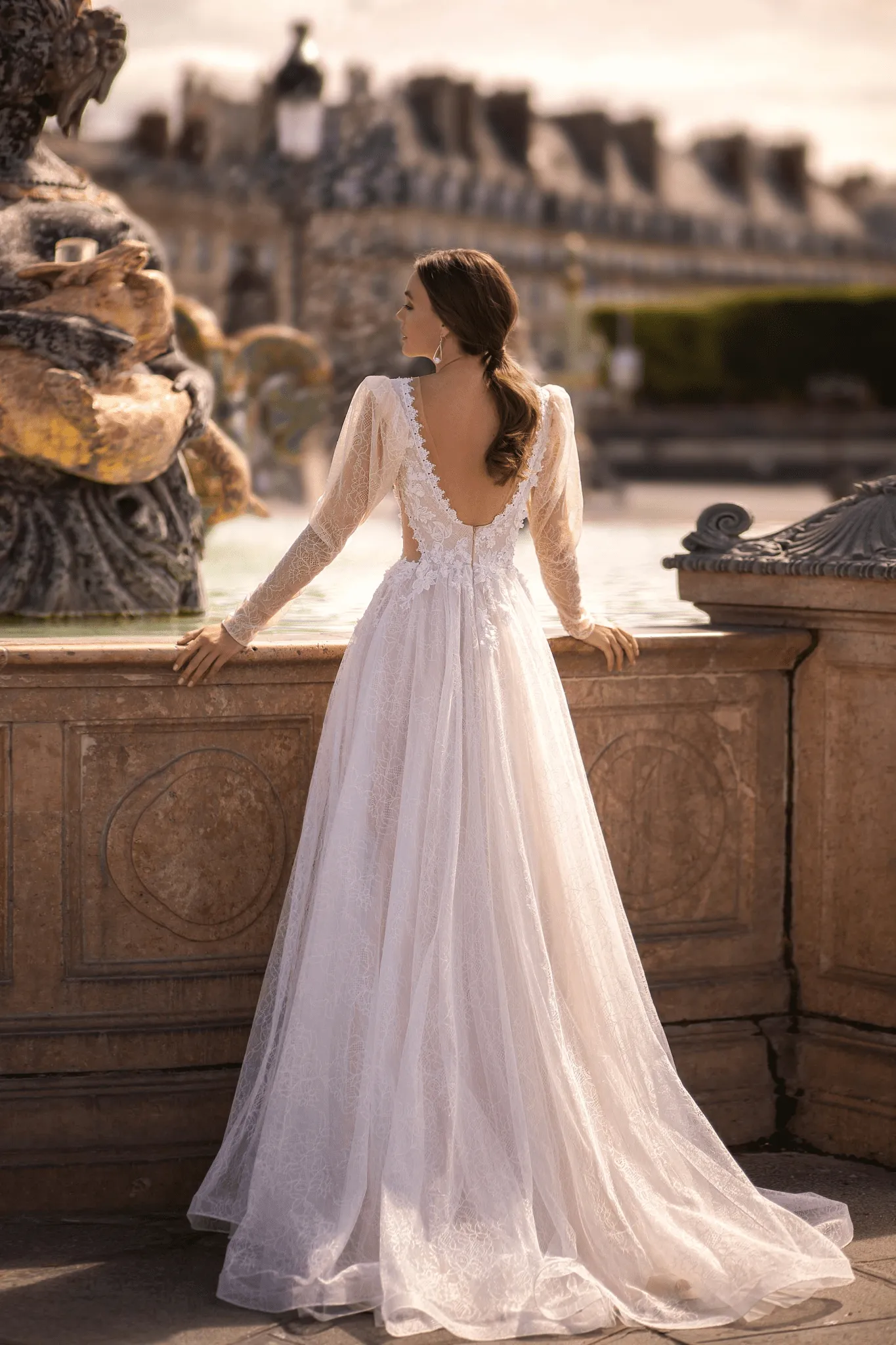 Ivory Romantic Lace Low Back Wedding Dress - Long Sleeve Wedding Dress with Corset and Flared Sleeves Plus Size