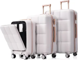 JCSD Convenient and 3-Piece Luggage Set with USB Port, Front Opening, and Spinner Wheels, Light Grey