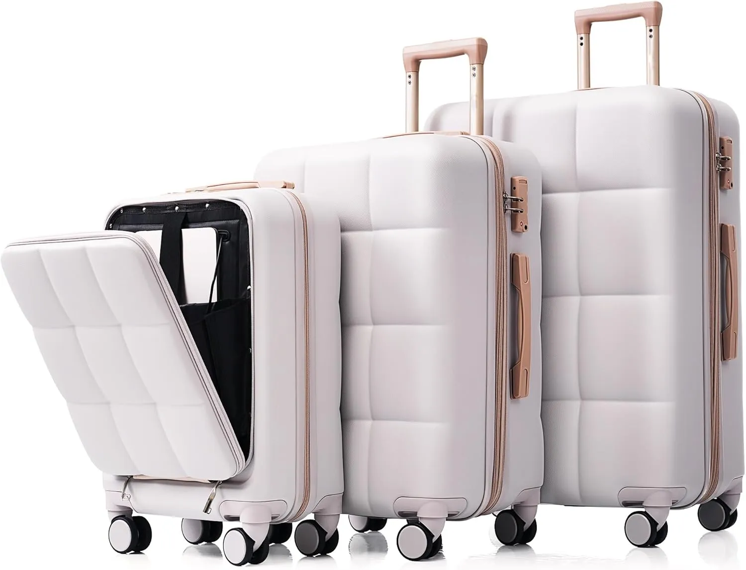 JCSD Convenient and 3-Piece Luggage Set with USB Port, Front Opening, and Spinner Wheels, Light Grey