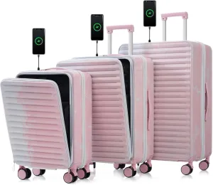 JCSD Stylish and Convenient 3-Piece Hard Shell Luggage Set with USB Interface and Front Pockets, Gradient Pink