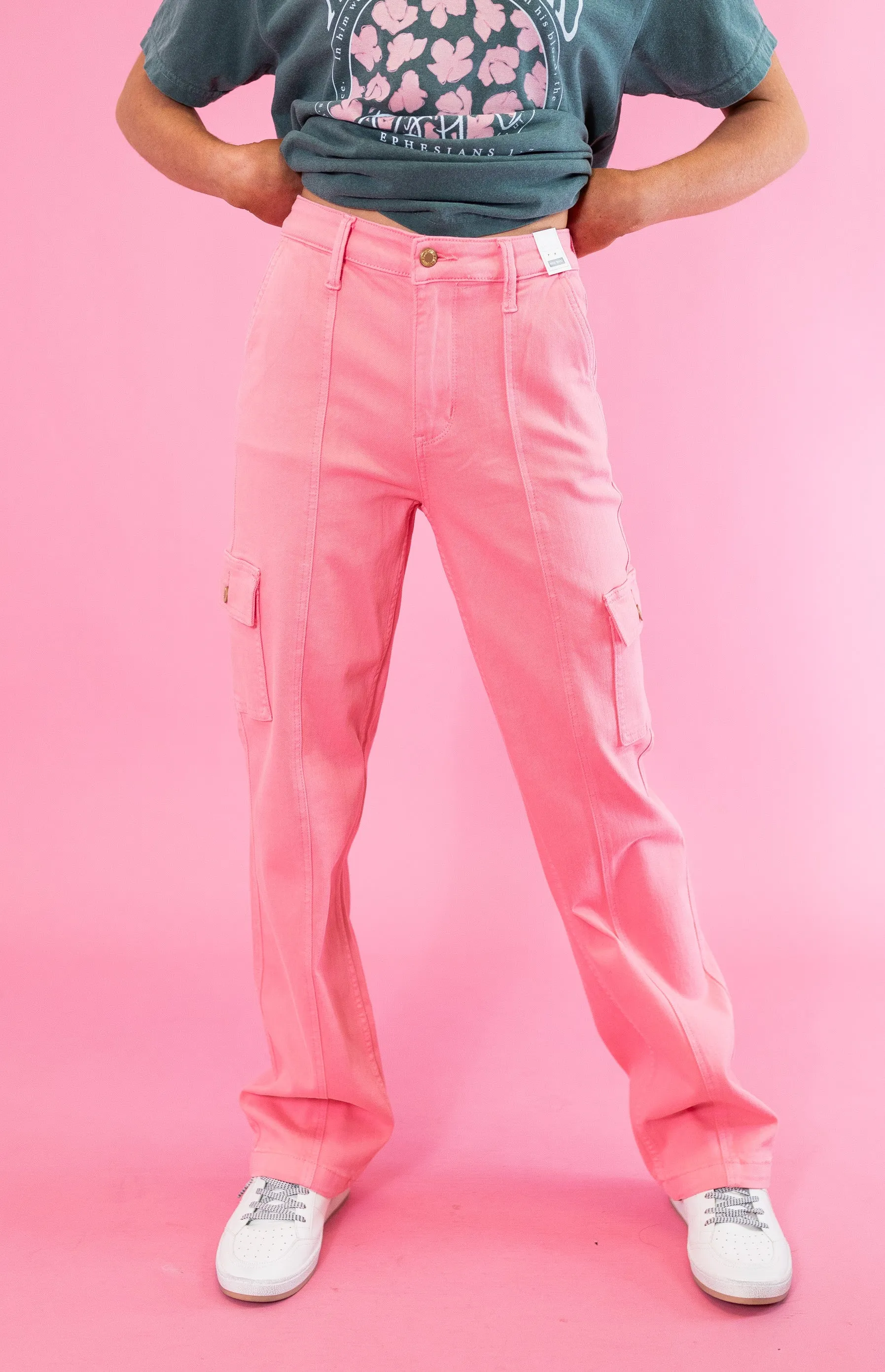 Judy Blue: High Waisted Cargo Straight Jeans - Pink
