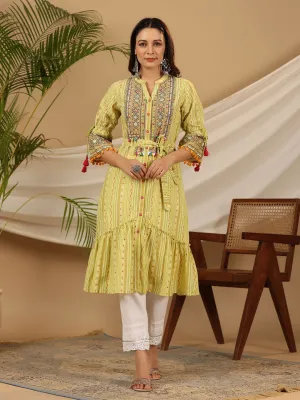 Juniper  Lime Green Geometric Printed Pure Cotton Kurta With Beads Work