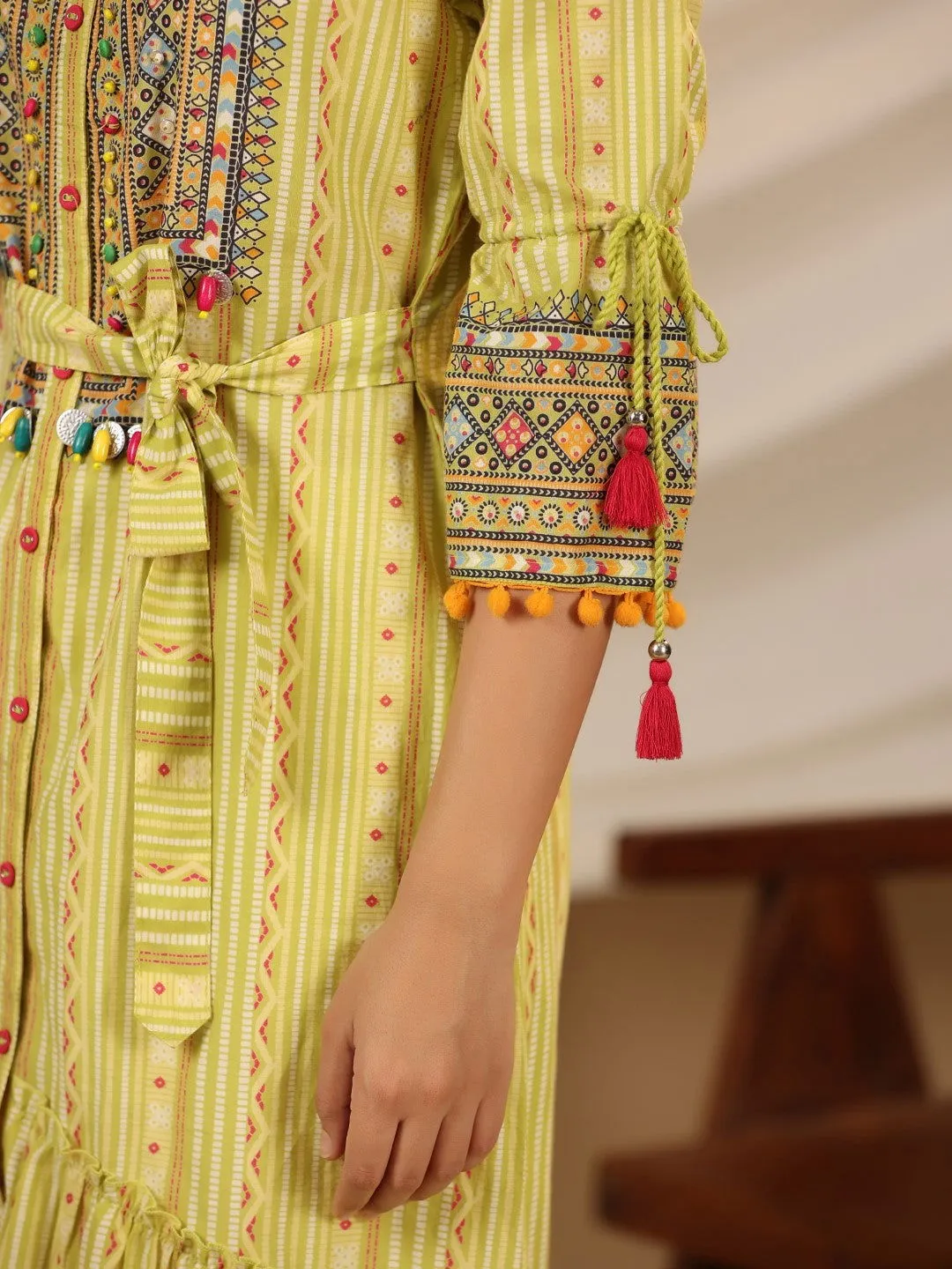 Juniper  Lime Green Geometric Printed Pure Cotton Kurta With Beads Work
