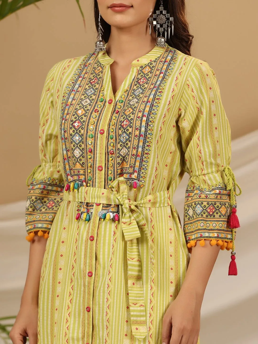 Juniper  Lime Green Geometric Printed Pure Cotton Kurta With Beads Work