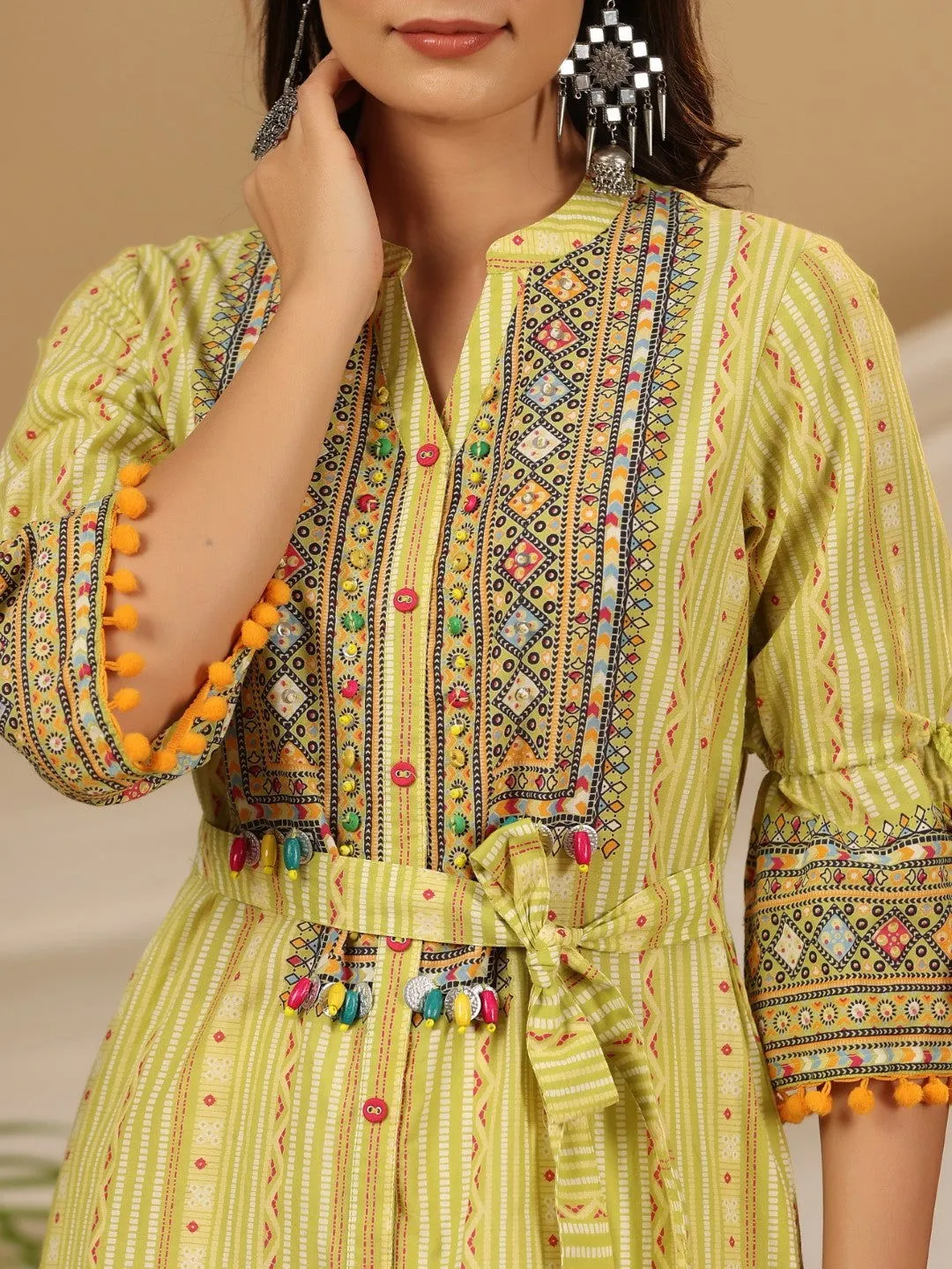 Juniper  Lime Green Geometric Printed Pure Cotton Kurta With Beads Work