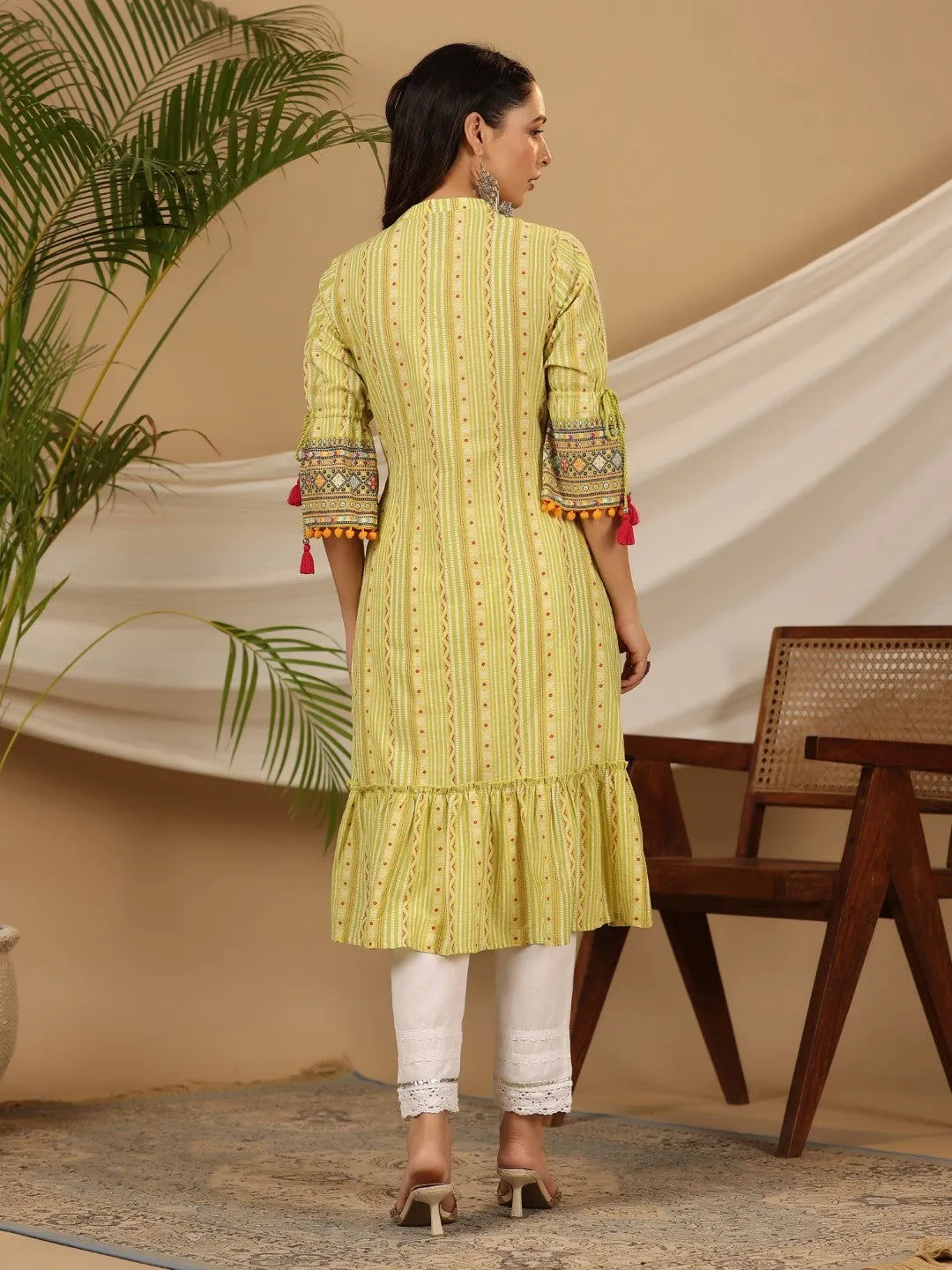 Juniper  Lime Green Geometric Printed Pure Cotton Kurta With Beads Work