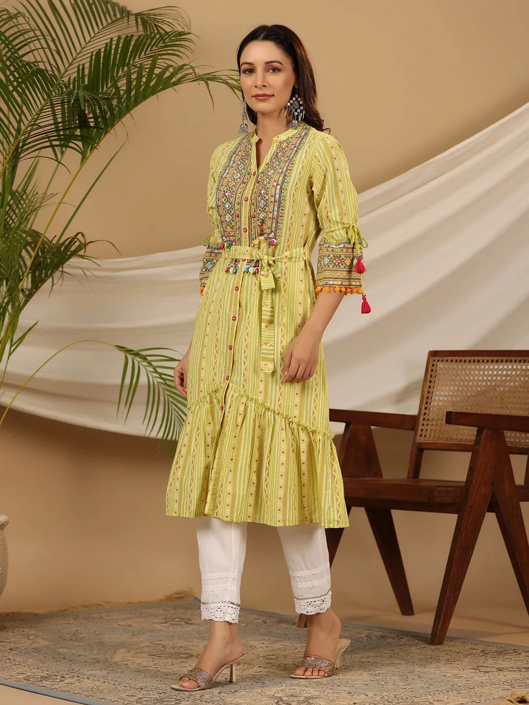 Juniper  Lime Green Geometric Printed Pure Cotton Kurta With Beads Work