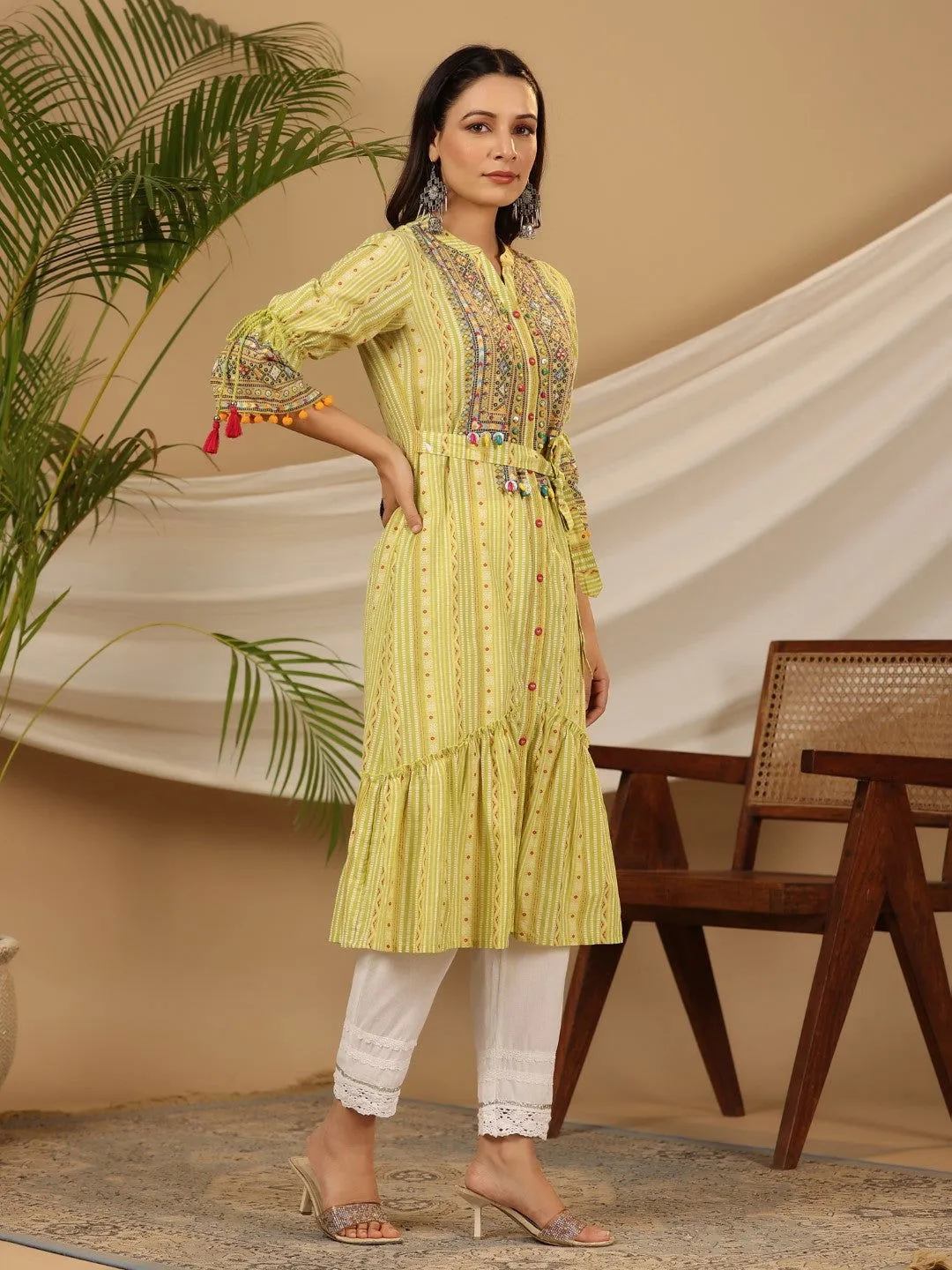 Juniper  Lime Green Geometric Printed Pure Cotton Kurta With Beads Work