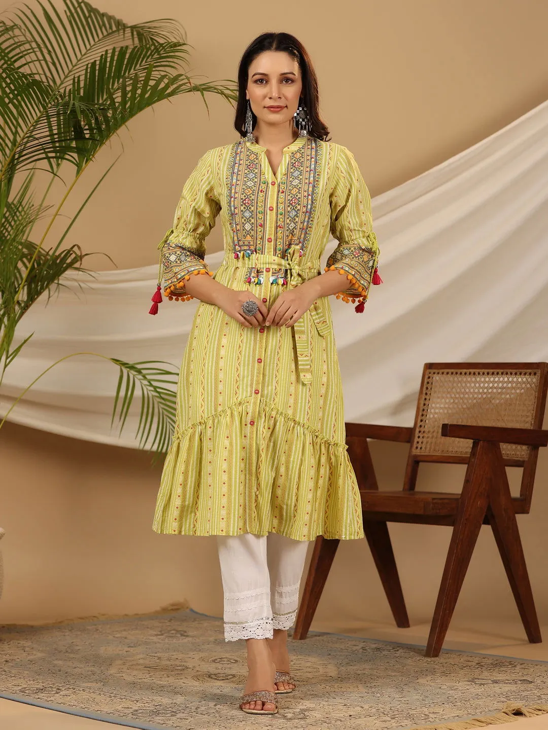 Juniper  Lime Green Geometric Printed Pure Cotton Kurta With Beads Work