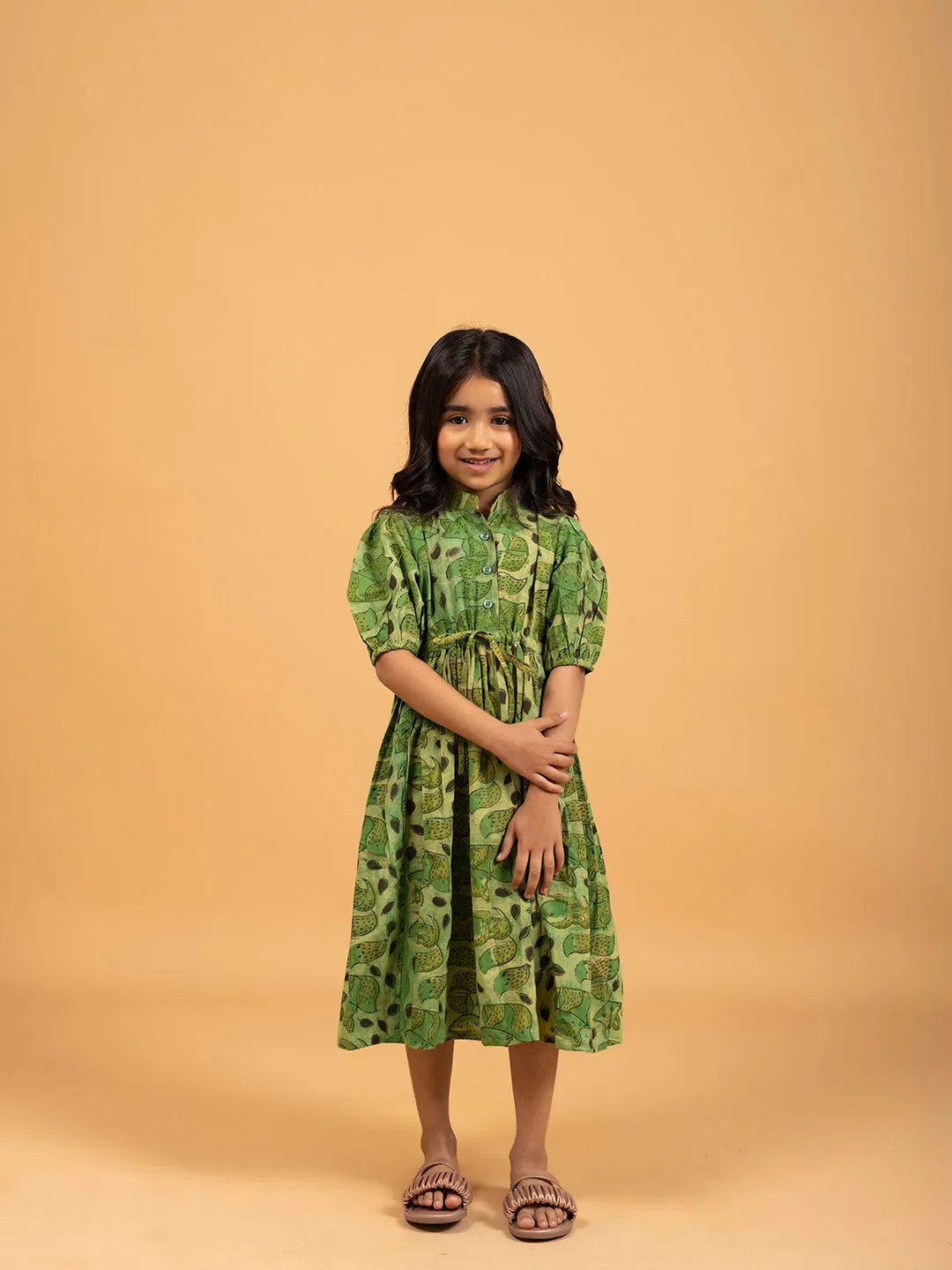 Kids Green Printed Flared Cotton Dress