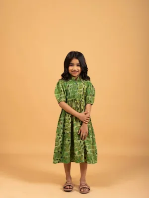 Kids Green Printed Flared Cotton Dress