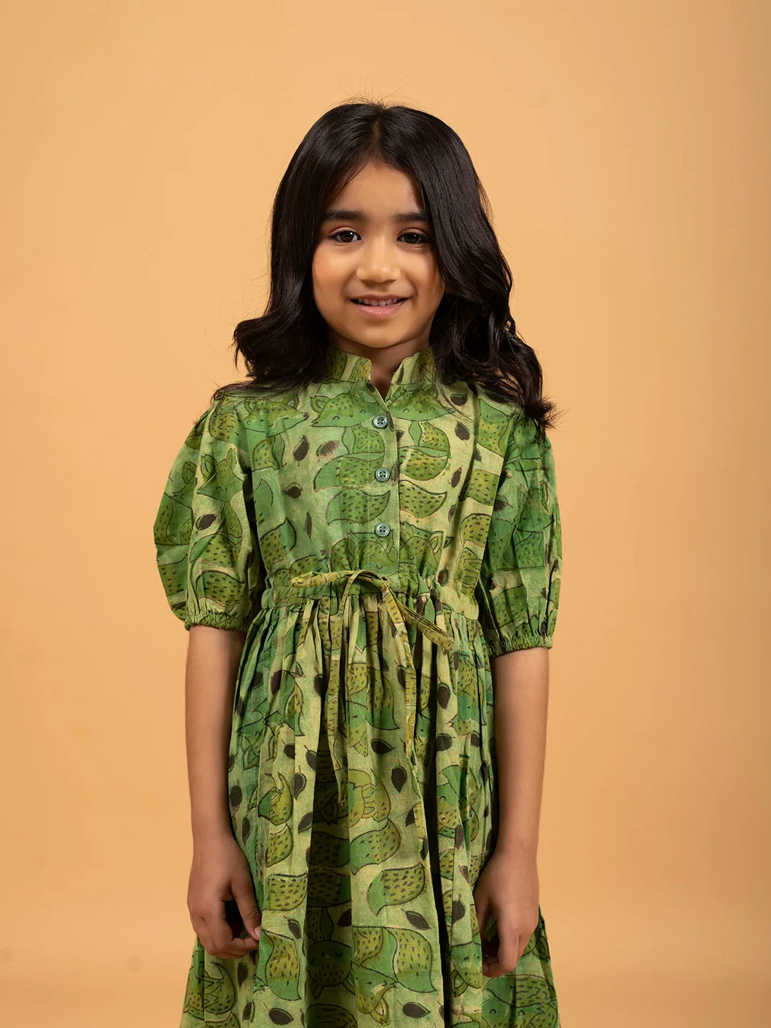 Kids Green Printed Flared Cotton Dress
