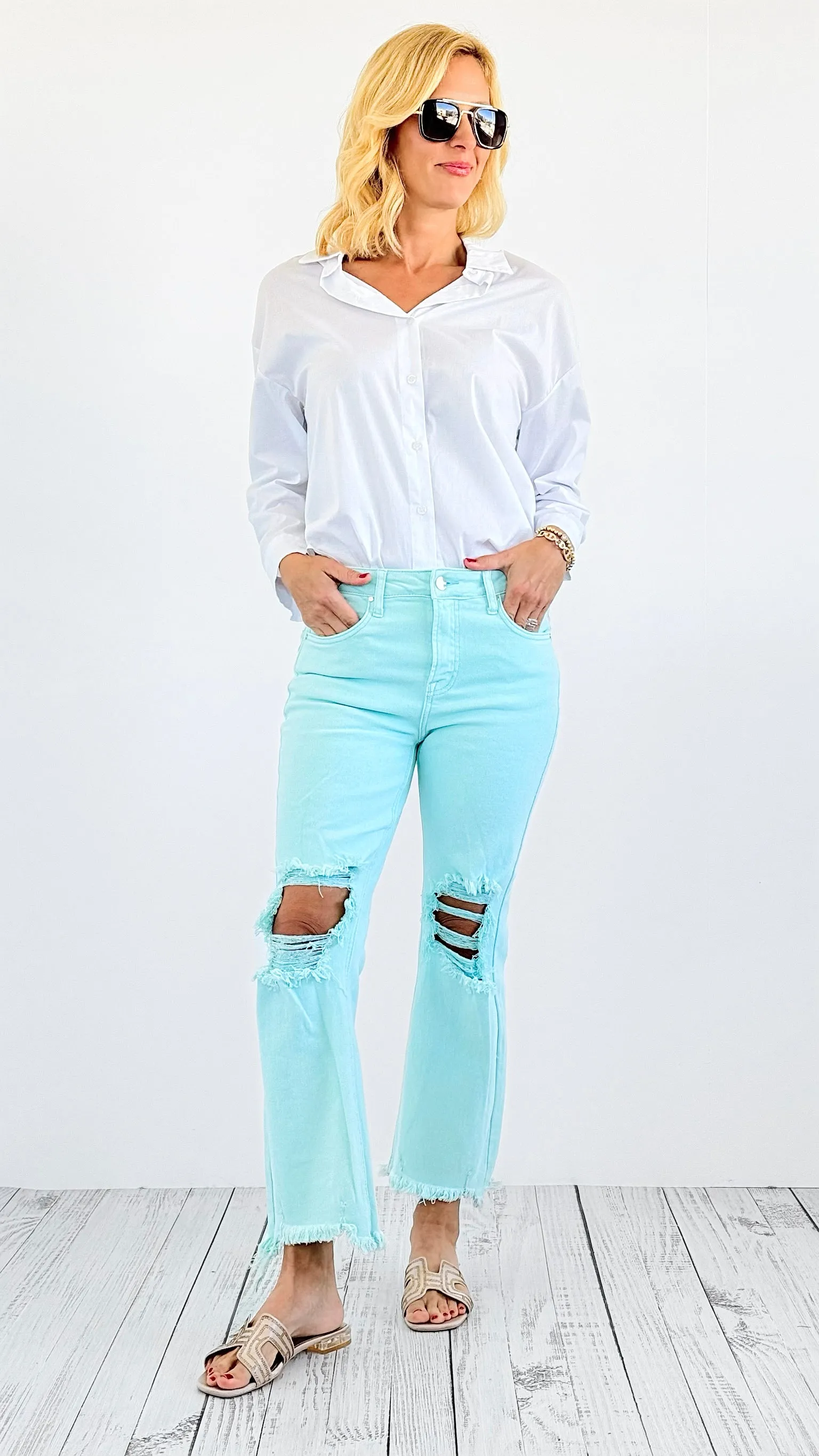 Knee Distressed High Rise Straight Jeans - Mint