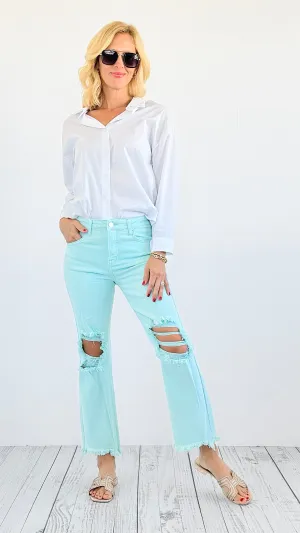 Knee Distressed High Rise Straight Jeans - Mint