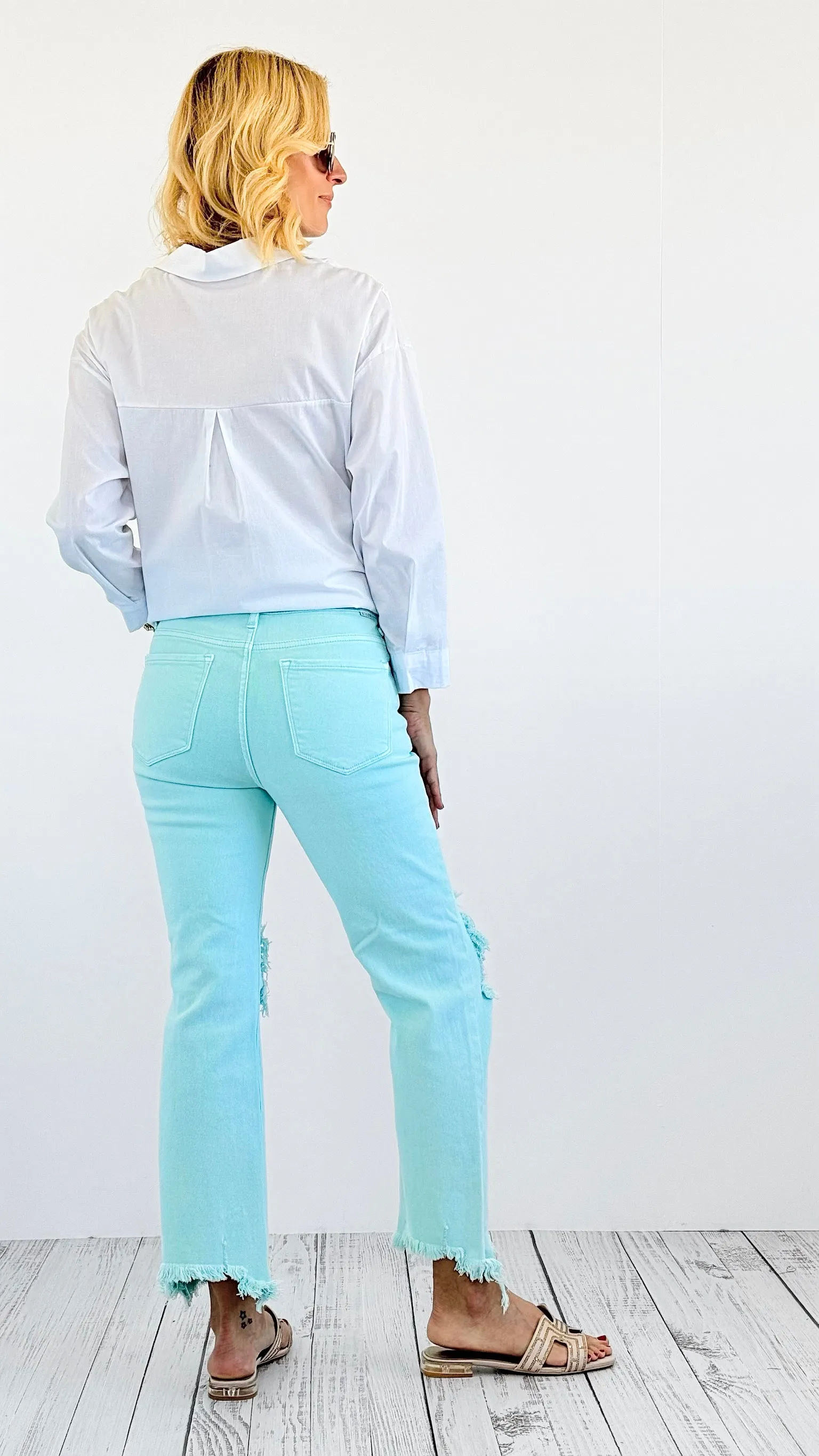 Knee Distressed High Rise Straight Jeans - Mint