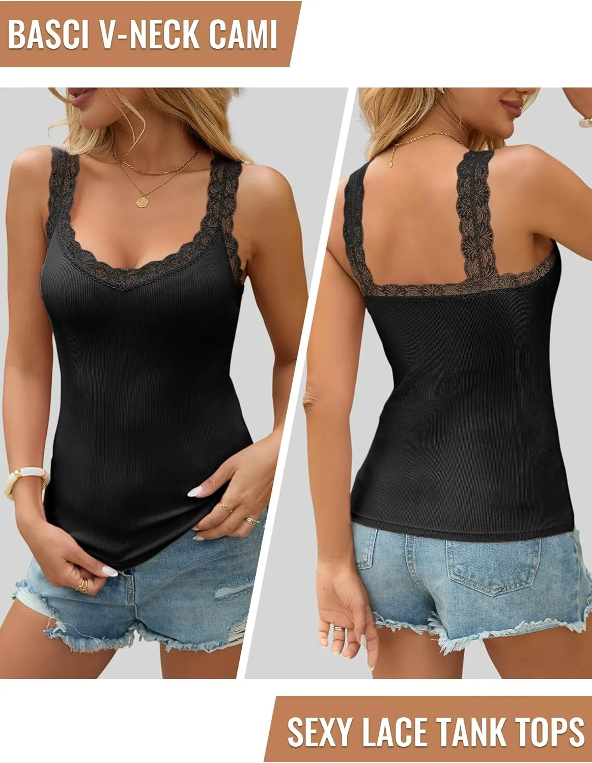 Lace Camisole Tank Tops for Women V Neck Wide Strap Soft Ribbed Lace Trim Cami