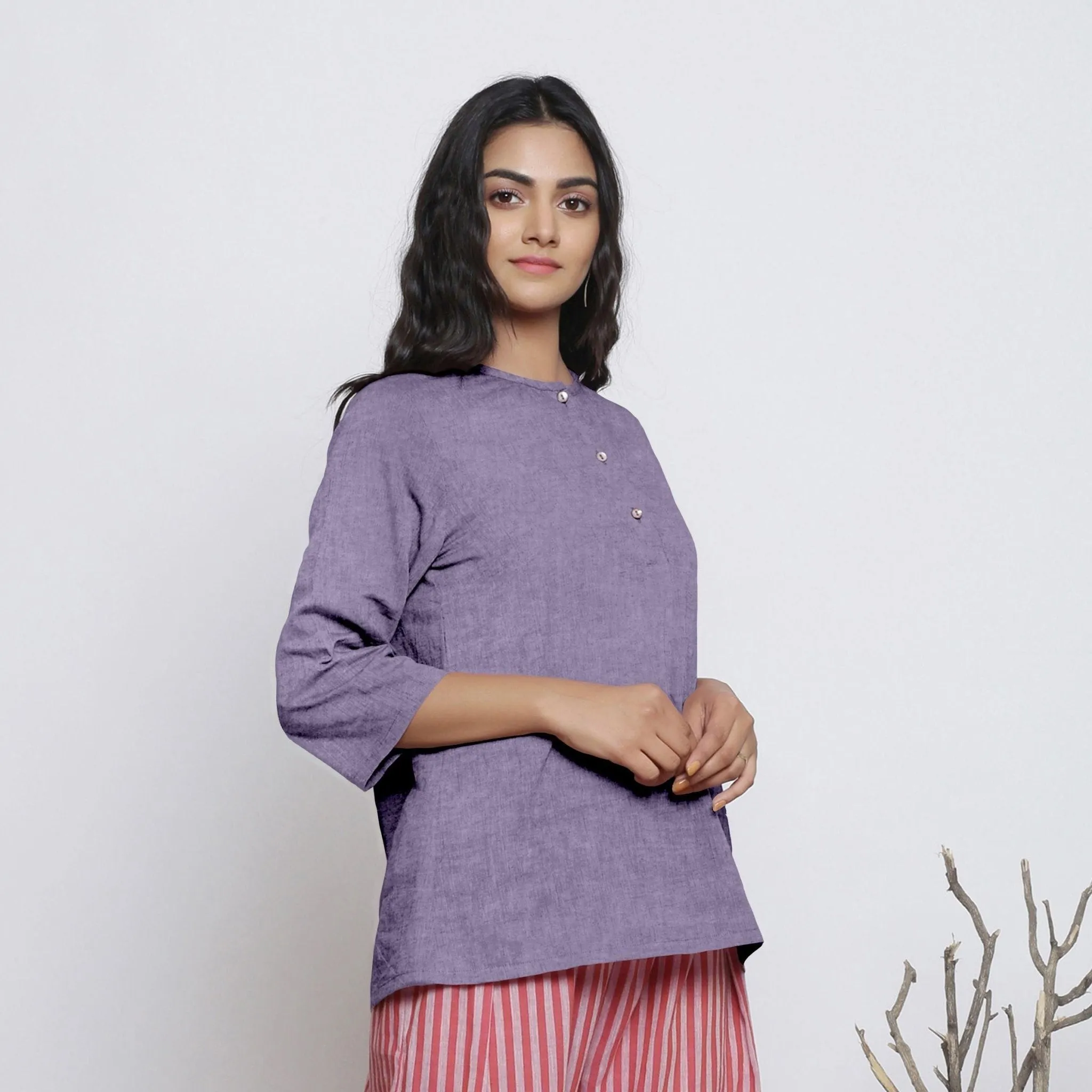 Lavender Comfort Fit A-Line Half Placket Linen Top