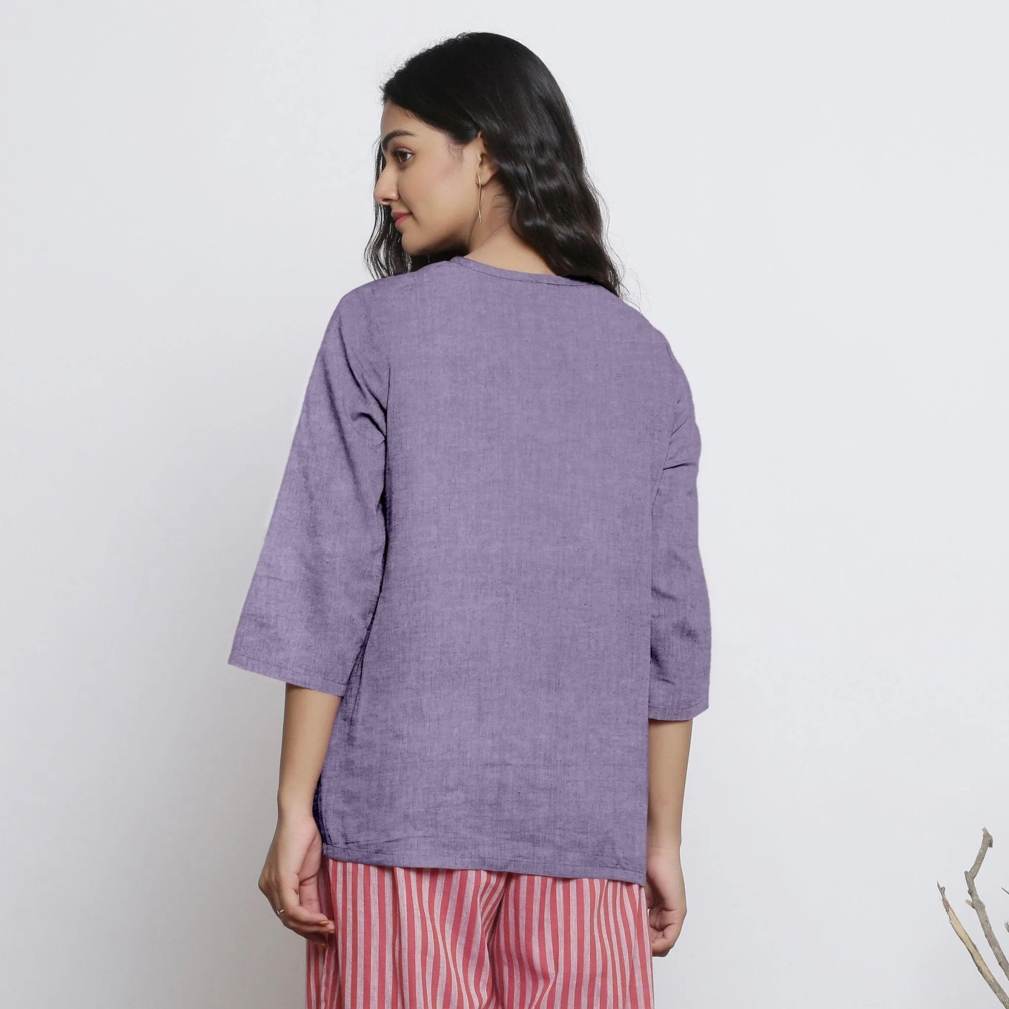 Lavender Comfort Fit A-Line Half Placket Linen Top