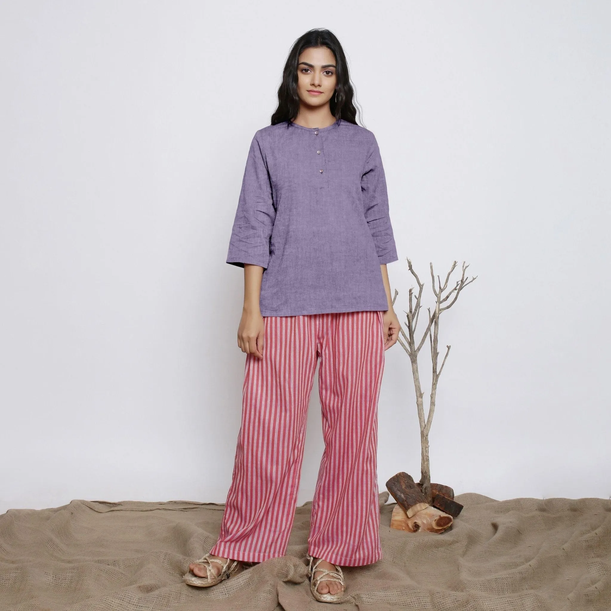 Lavender Comfort Fit A-Line Half Placket Linen Top