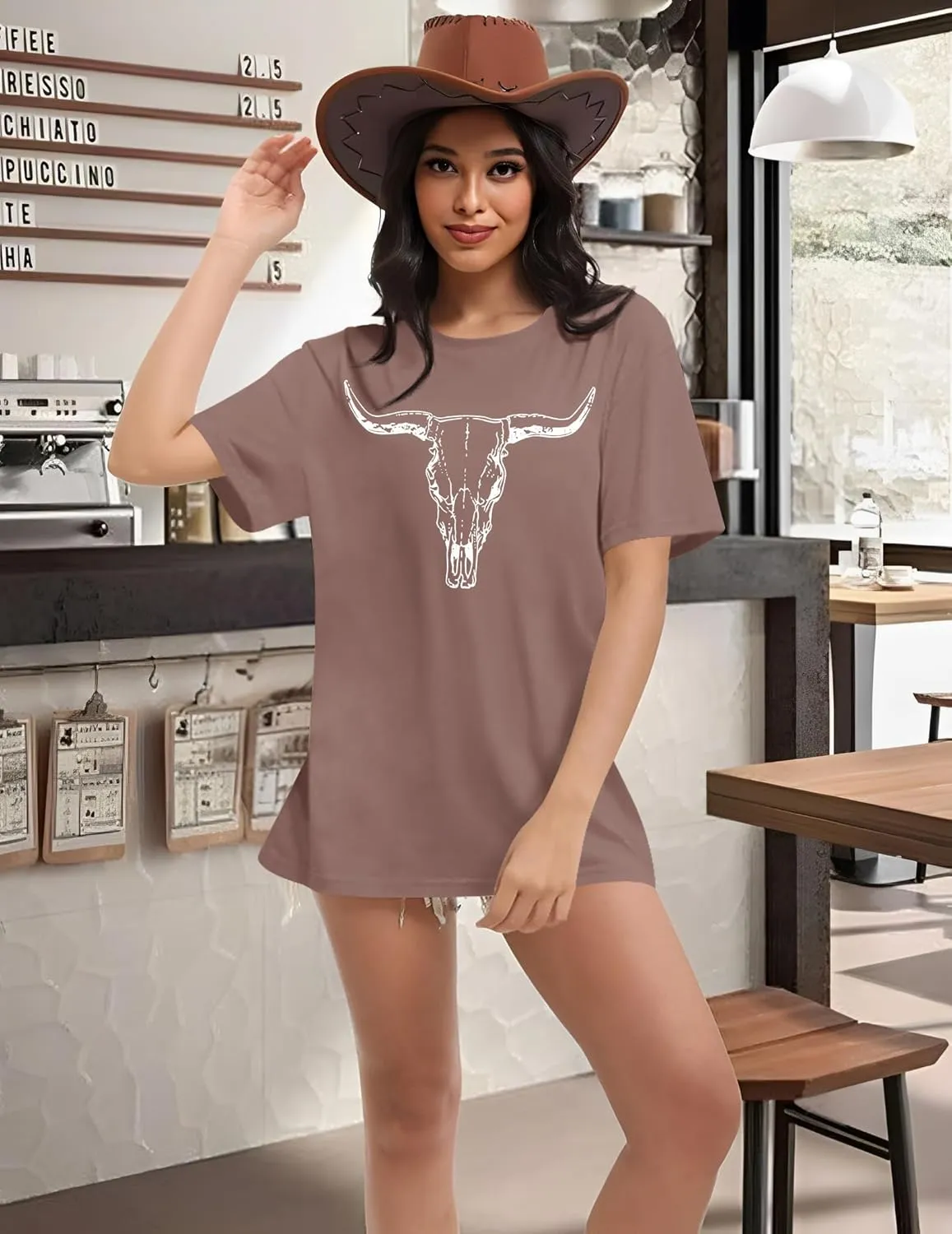 LETSEE Women's Cow Skull Western Rodeo Tops Shirt Boho Cowgirl T Shirt Short Sleeve Casual Tops Graphic Tees