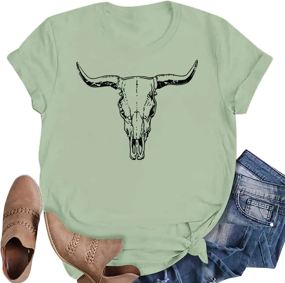 LETSEE Women's Cow Skull Western Rodeo Tops Shirt Boho Cowgirl T Shirt Short Sleeve Casual Tops Graphic Tees