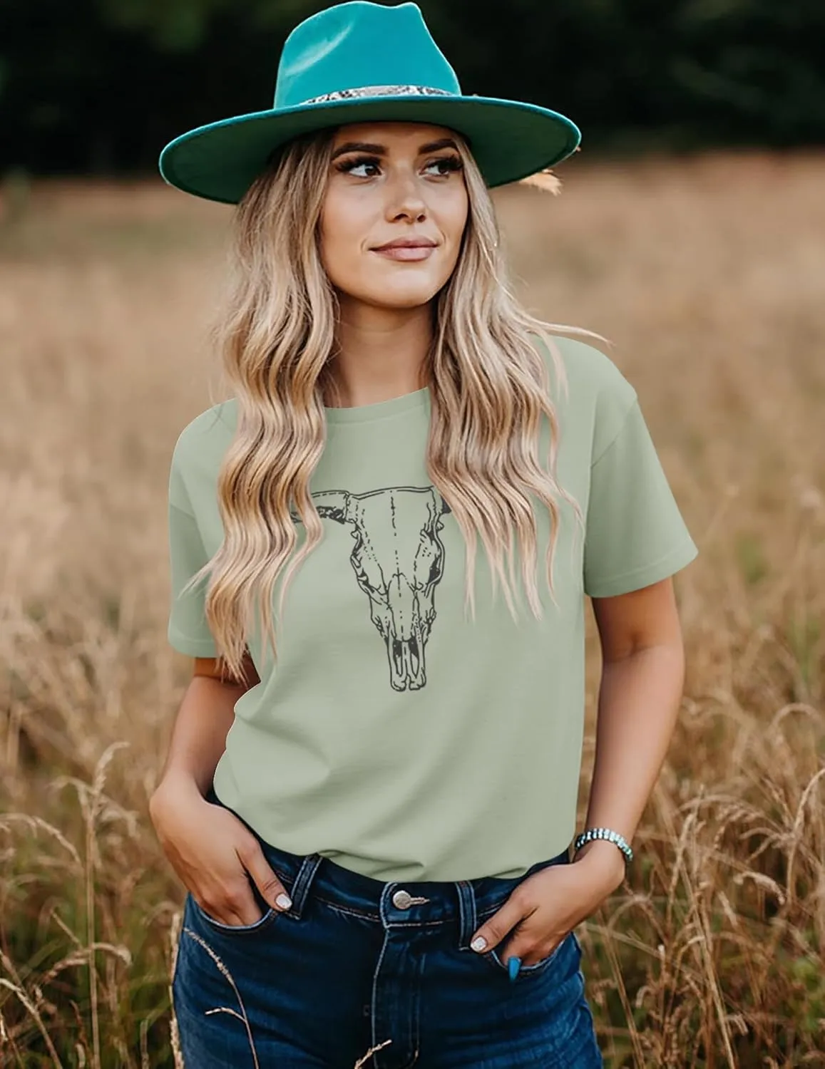 LETSEE Women's Cow Skull Western Rodeo Tops Shirt Boho Cowgirl T Shirt Short Sleeve Casual Tops Graphic Tees