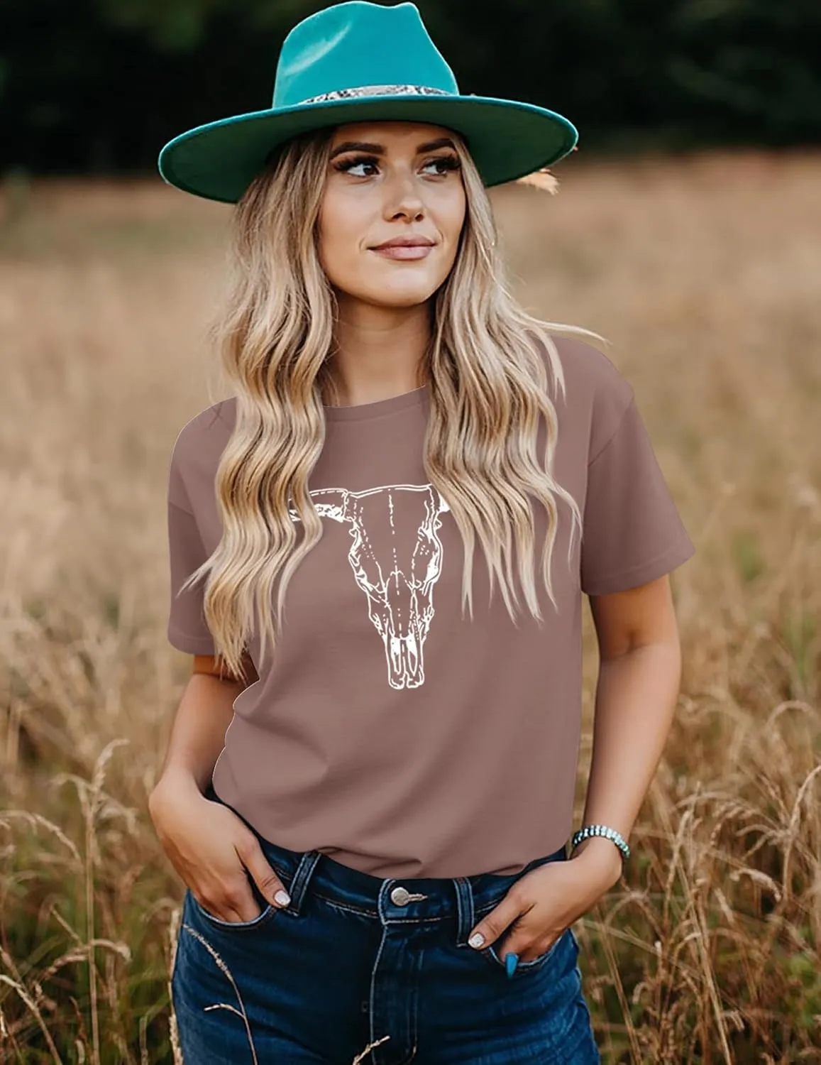 LETSEE Women's Cow Skull Western Rodeo Tops Shirt Boho Cowgirl T Shirt Short Sleeve Casual Tops Graphic Tees