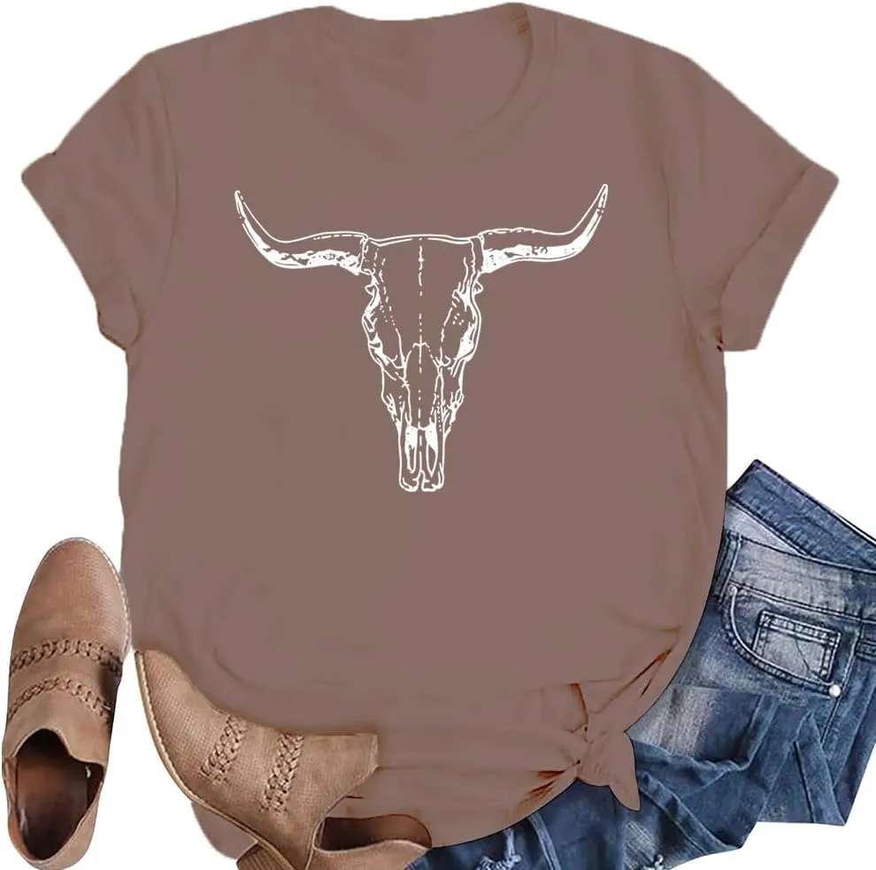 LETSEE Women's Cow Skull Western Rodeo Tops Shirt Boho Cowgirl T Shirt Short Sleeve Casual Tops Graphic Tees