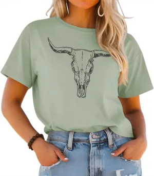 LETSEE Women's Cow Skull Western Rodeo Tops Shirt Boho Cowgirl T Shirt Short Sleeve Casual Tops Graphic Tees