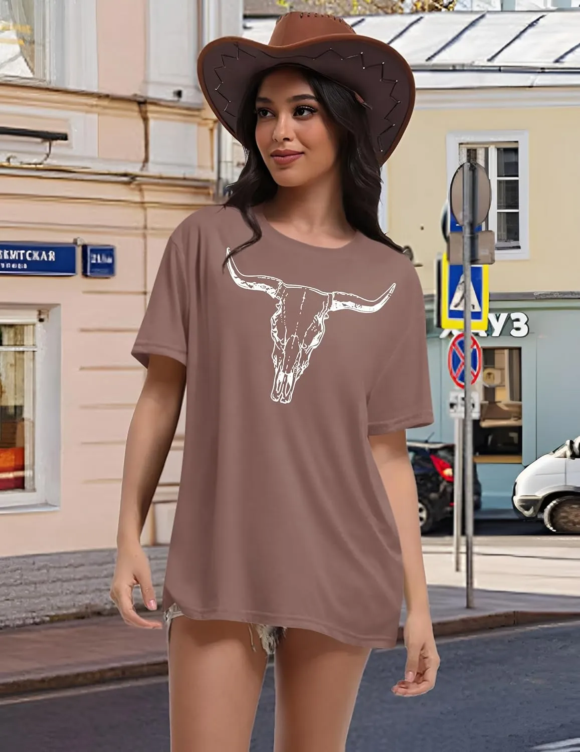LETSEE Women's Cow Skull Western Rodeo Tops Shirt Boho Cowgirl T Shirt Short Sleeve Casual Tops Graphic Tees