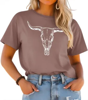 LETSEE Women's Cow Skull Western Rodeo Tops Shirt Boho Cowgirl T Shirt Short Sleeve Casual Tops Graphic Tees