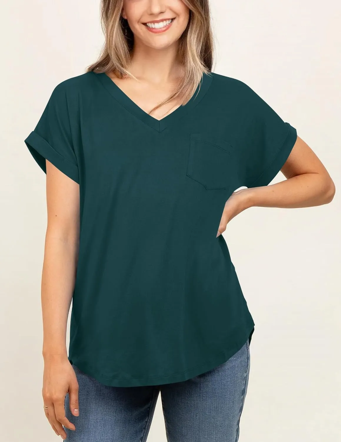 liher Women's Summer Casual V Neck Solid Color Basic Tees Rolled Up Short Sleeve T Shirt Top