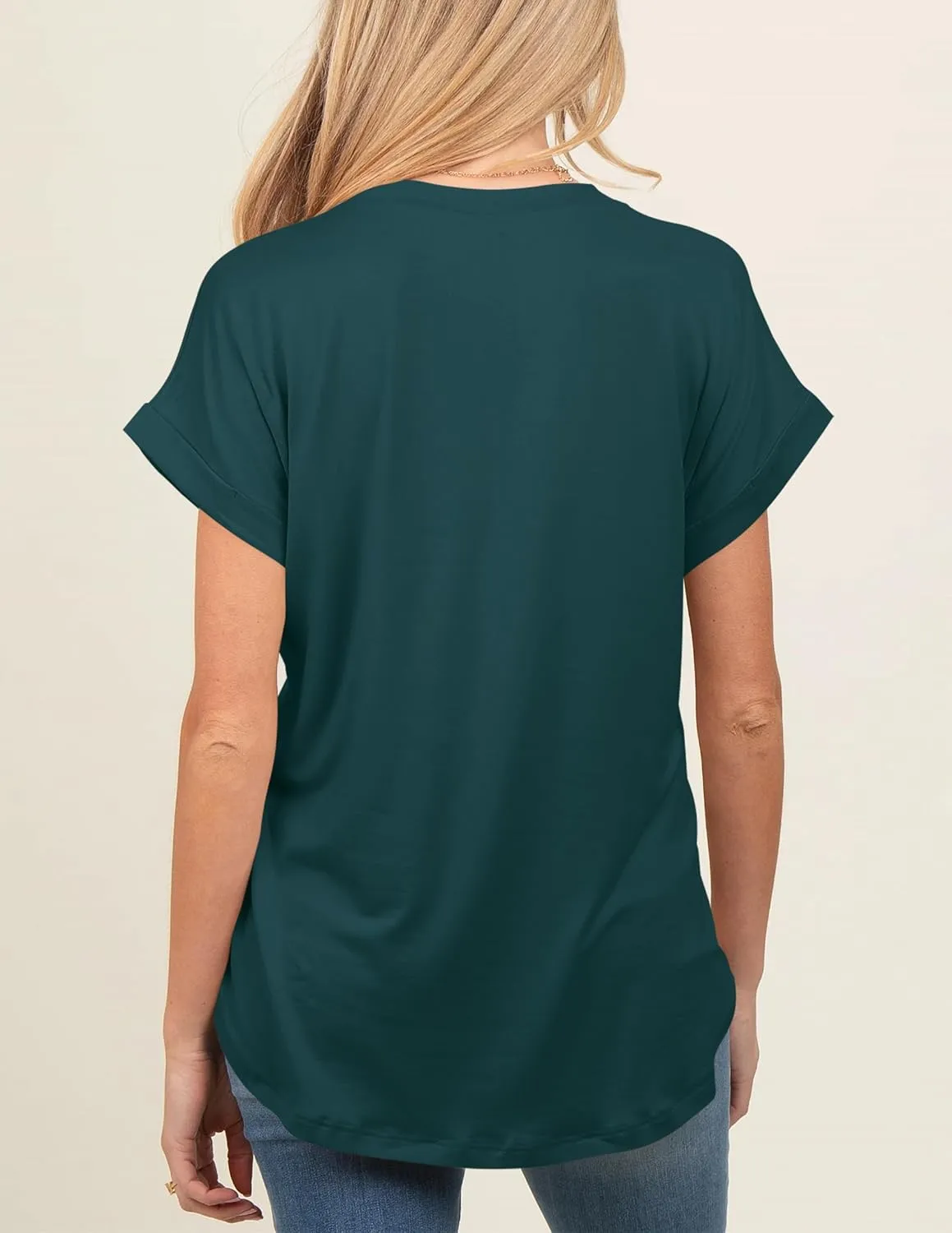 liher Women's Summer Casual V Neck Solid Color Basic Tees Rolled Up Short Sleeve T Shirt Top