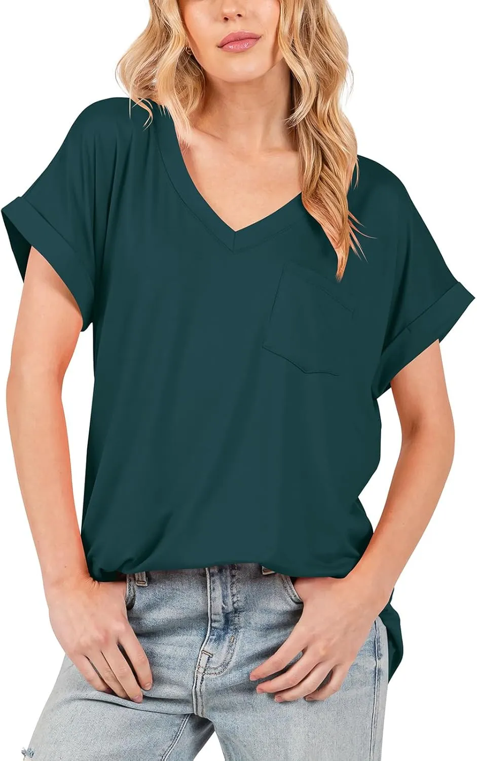 liher Women's Summer Casual V Neck Solid Color Basic Tees Rolled Up Short Sleeve T Shirt Top