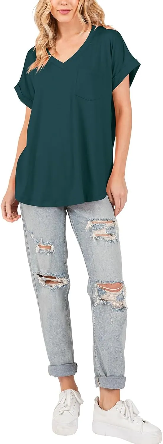 liher Women's Summer Casual V Neck Solid Color Basic Tees Rolled Up Short Sleeve T Shirt Top