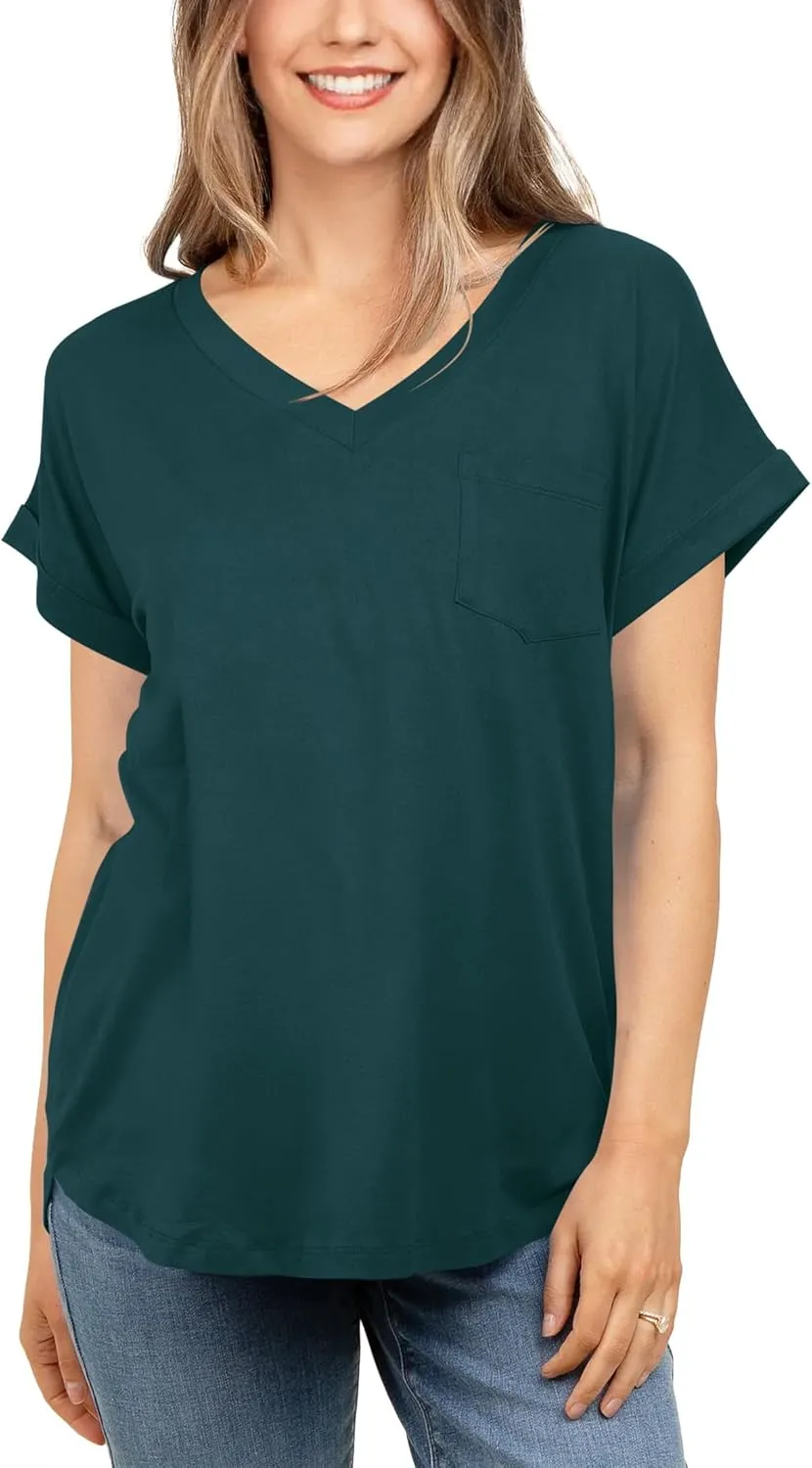 liher Women's Summer Casual V Neck Solid Color Basic Tees Rolled Up Short Sleeve T Shirt Top