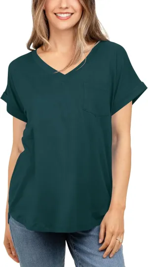 liher Women's Summer Casual V Neck Solid Color Basic Tees Rolled Up Short Sleeve T Shirt Top