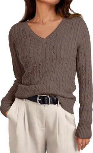 LILLUSORY Women's Cable Knit V Neck Lightweight Soft Pullover Sweaters