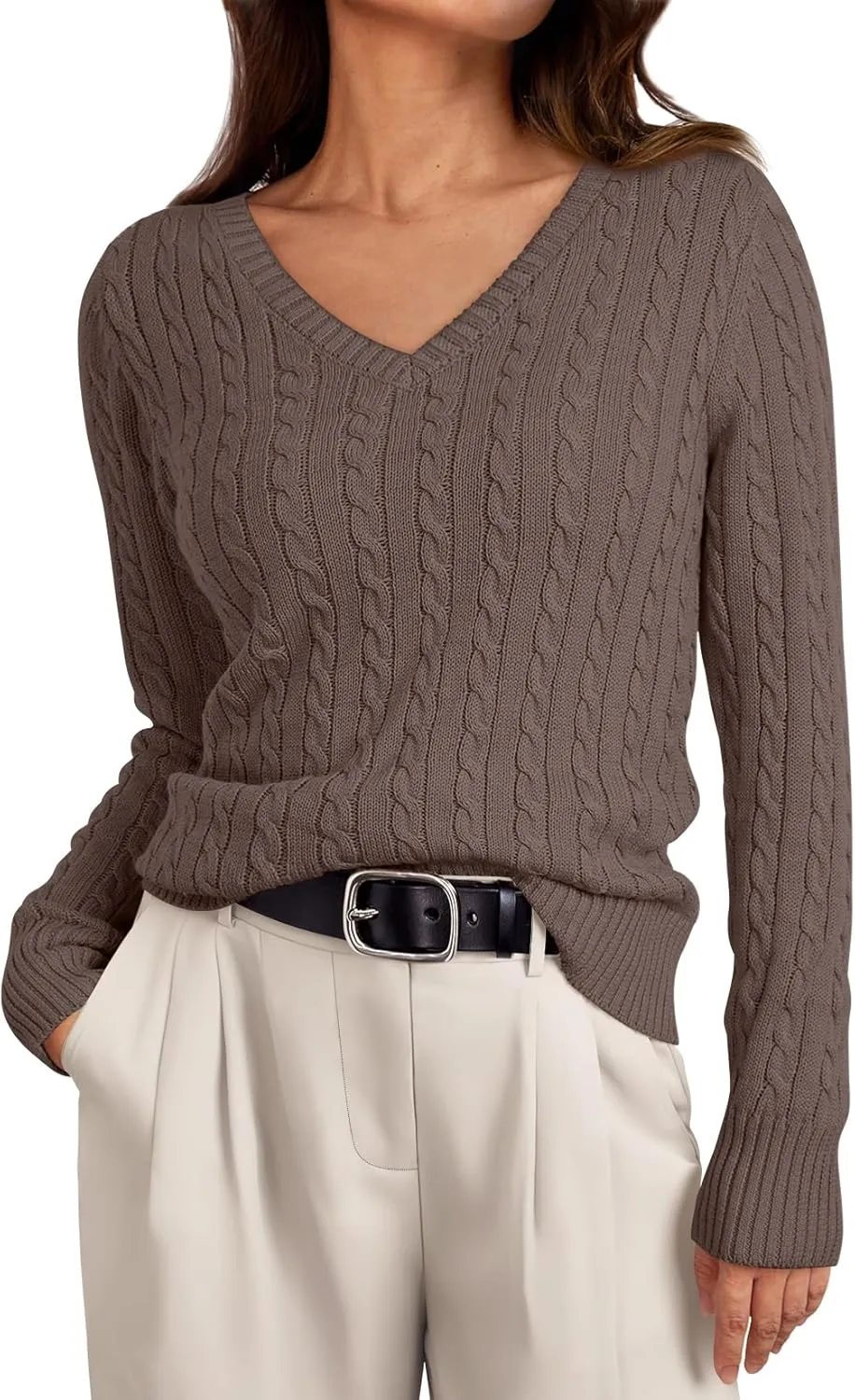 LILLUSORY Women's Cable Knit V Neck Lightweight Soft Pullover Sweaters