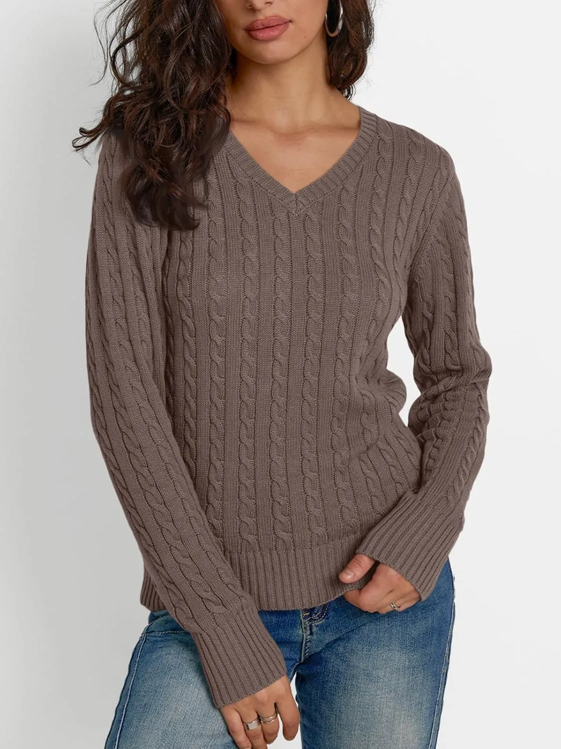 LILLUSORY Women's Cable Knit V Neck Lightweight Soft Pullover Sweaters