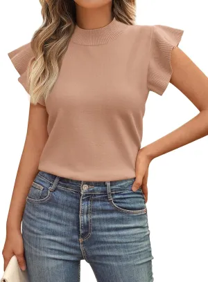 LILLUSORY Womens Ruffled Short Sleeve Sweater Round Neck Knitted Soft Lightweight Pullovers Tops