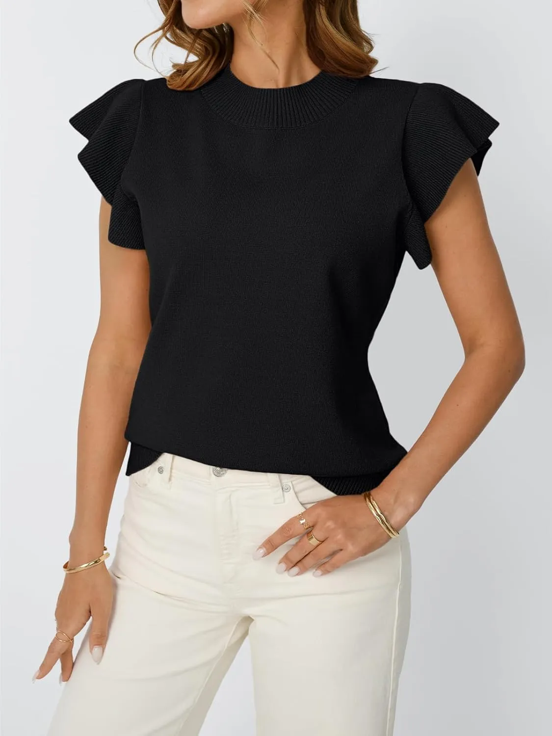 LILLUSORY Womens Ruffled Short Sleeve Sweater Round Neck Knitted Soft Lightweight Pullovers Tops