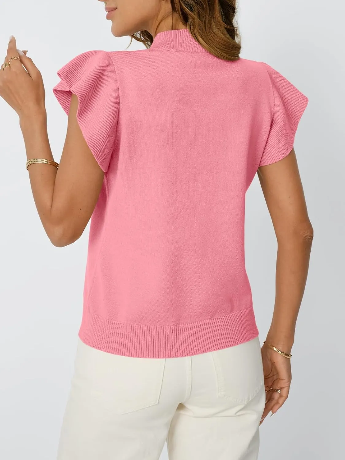 LILLUSORY Womens Ruffled Short Sleeve Sweater Round Neck Knitted Soft Lightweight Pullovers Tops