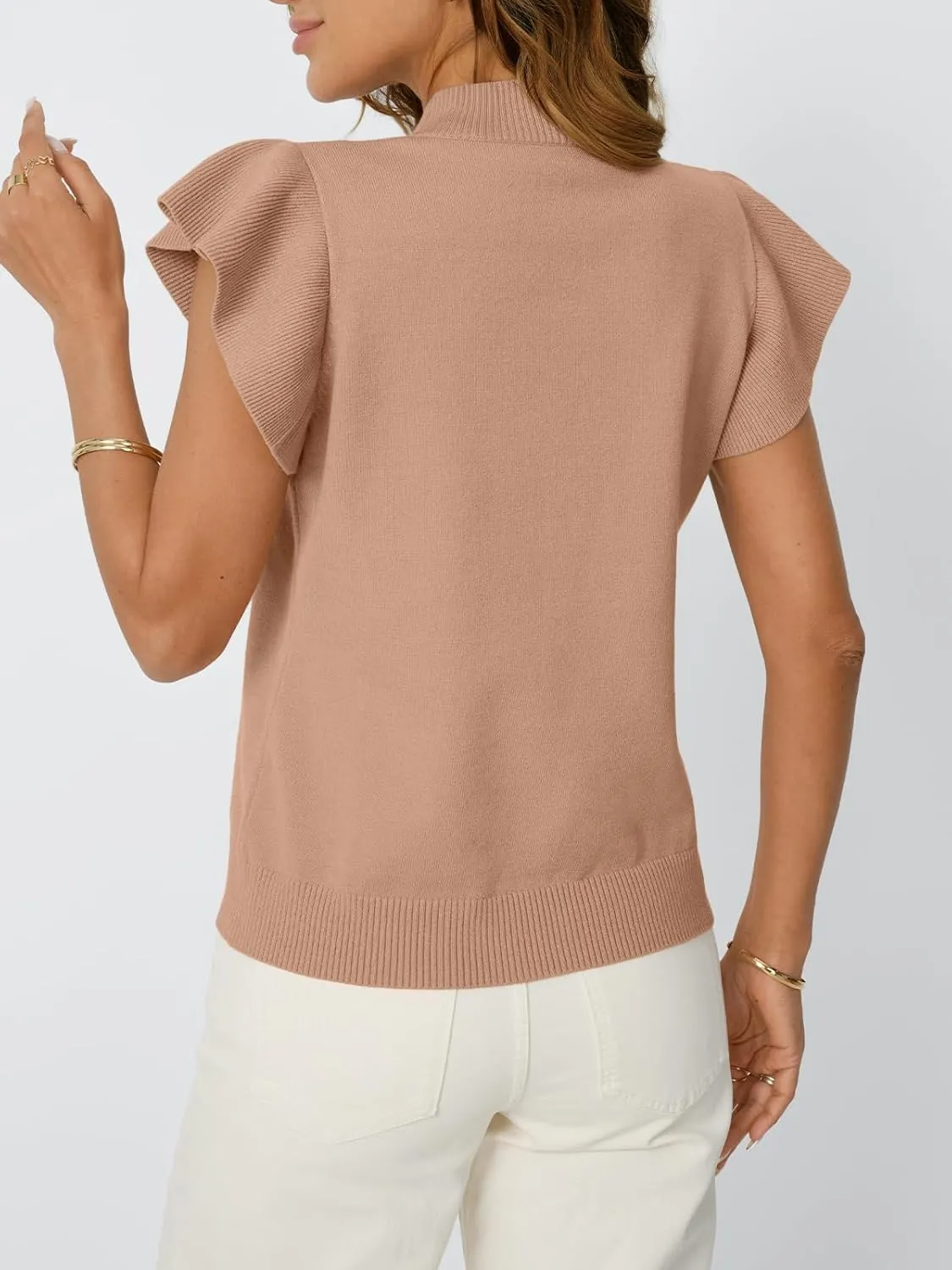 LILLUSORY Womens Ruffled Short Sleeve Sweater Round Neck Knitted Soft Lightweight Pullovers Tops