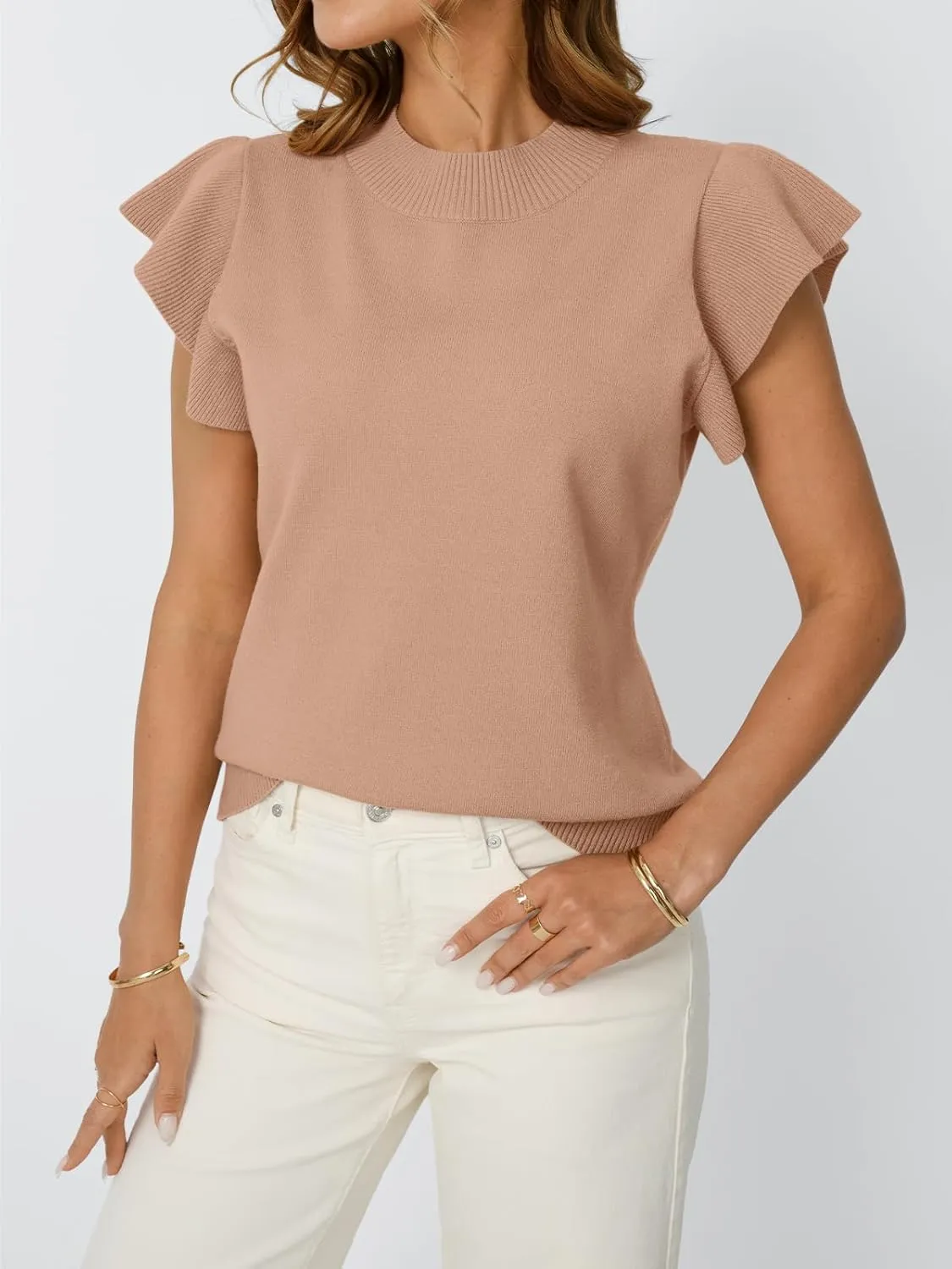 LILLUSORY Womens Ruffled Short Sleeve Sweater Round Neck Knitted Soft Lightweight Pullovers Tops