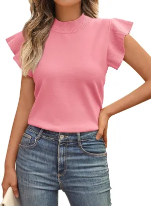 LILLUSORY Womens Ruffled Short Sleeve Sweater Round Neck Knitted Soft Lightweight Pullovers Tops
