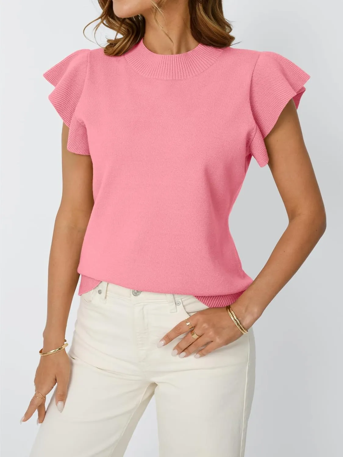 LILLUSORY Womens Ruffled Short Sleeve Sweater Round Neck Knitted Soft Lightweight Pullovers Tops