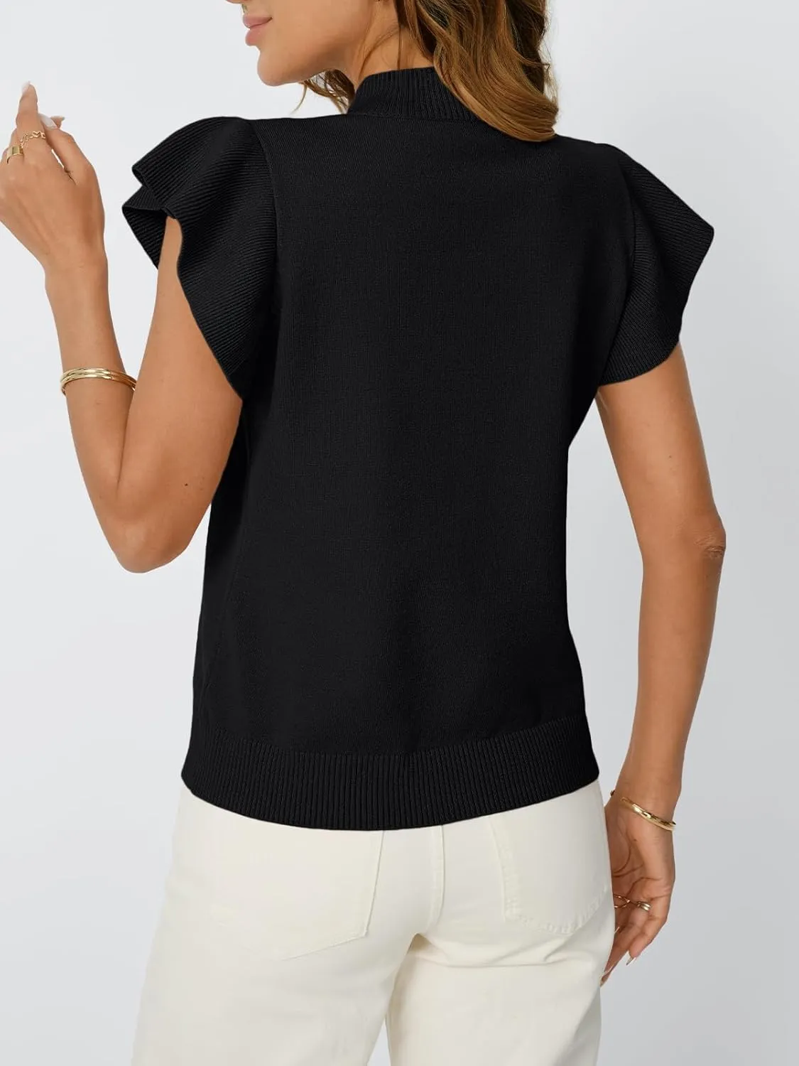 LILLUSORY Womens Ruffled Short Sleeve Sweater Round Neck Knitted Soft Lightweight Pullovers Tops